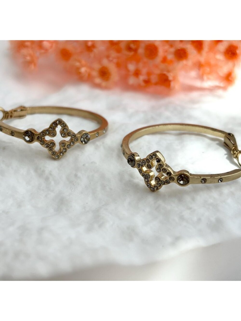 Gold Toned Clear Rhinestone Accented Vintage Round Hoop 80's Earrings